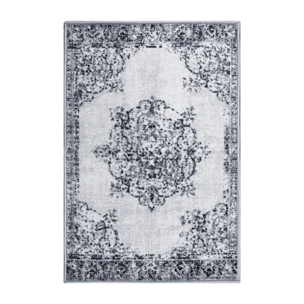 SUPERIOR Decklan Grey 2 ft. x 3 ft. Traditional Floral Nylon Non-Slip Area Rug