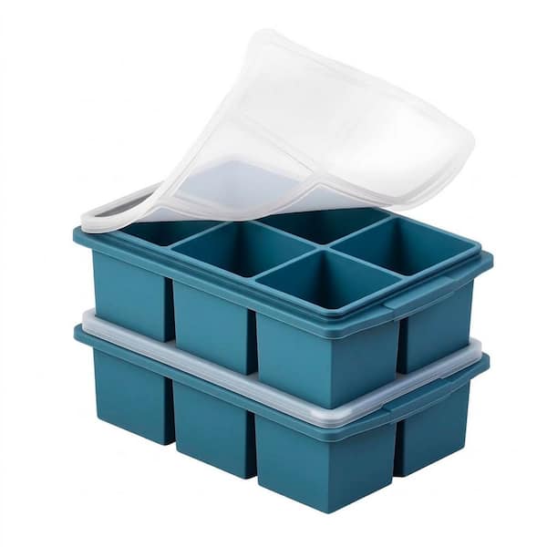 Blue Silicone Square Ice Mold Tray with Lid and Steel Frame for Whiskey Cocktails Coffee Tea Easy Release 2 Pack