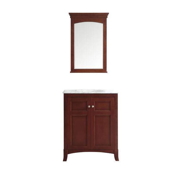 Vinnova Arezzo 30 in. W x 22 in. D x 36 in. H Vanity In Cherry with Marble Vanity Top in White with White with Basin and Mirror