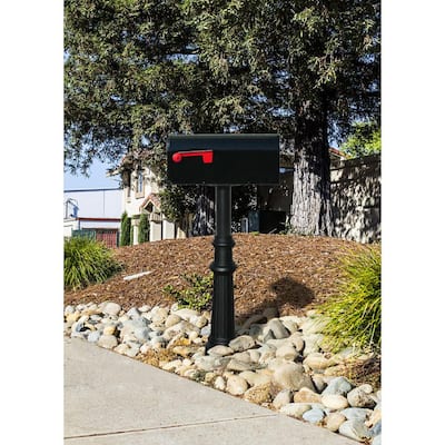Hanford Triple Black Post System Non-Locking Mailbox with Scroll Supports, Fluted Base and 3 E1 Mailboxes