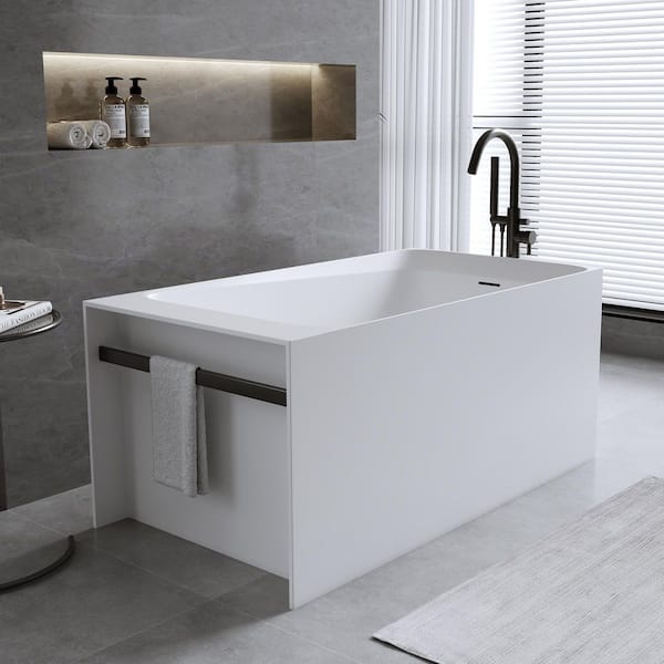 Moray 51 in. x 27.5 in. Solid Surface Stone Resin Flatbottom Freestanding Soaking Rectangular Bathtub in Matte White