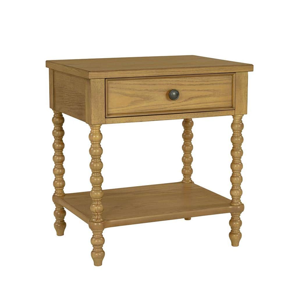 Natural Oak 1-Drawer Solid Wood Nightstand with Turned Legs