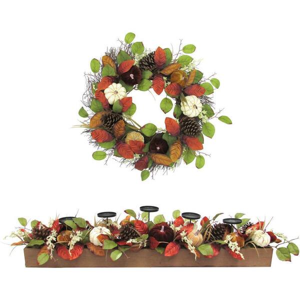 Fraser Hill Farm 42 in. Candle Holder and 24 in. Wreath Fall Harvest Decor Set