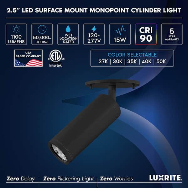 2.5 In. 1 Light Black Cylinder Integrated LED Hardwired Adjustable Spotlight 5CCT, 1100LM, 15W Dimmable ETL Listed Black
