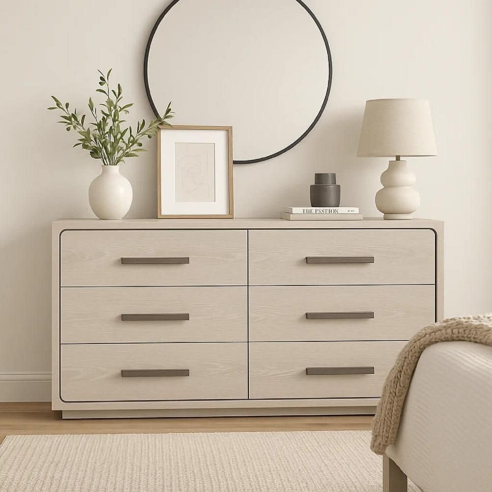 Benjara Thorne White Oak and Nickel 6-Drawer 62 in. Dresser