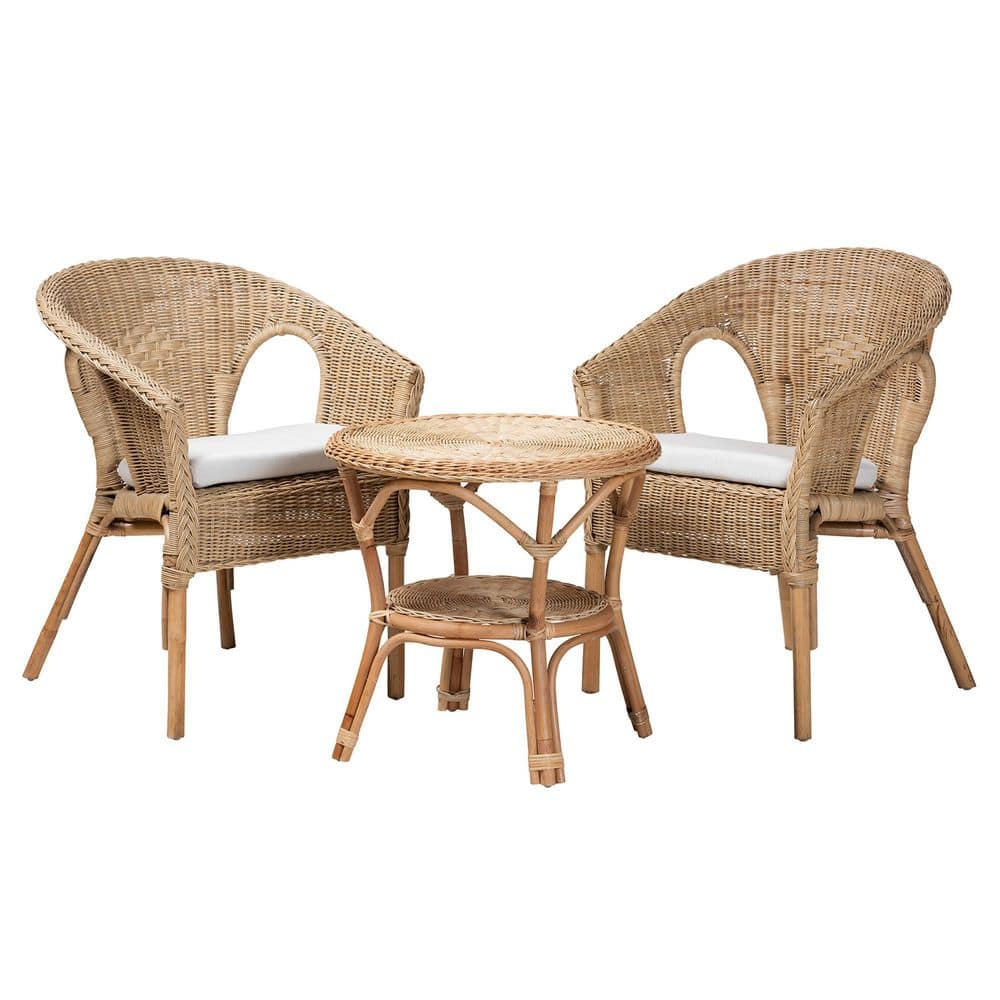 Baxton Studio Abbey 3 Piece Rattan Top White and Natural Brown