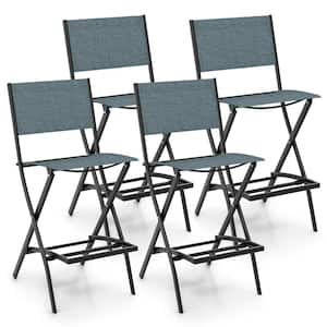 Folding Bar Stools Set of 4 Patio Sling Chairs w/Backrest Humanized Footrest Blue