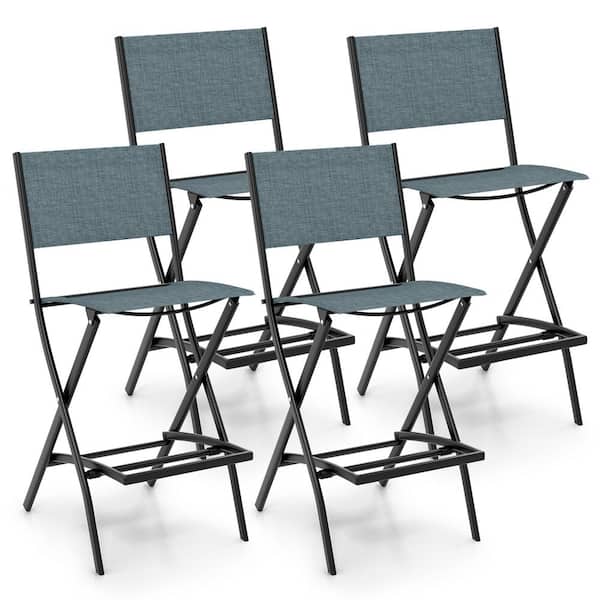 Gymax Folding Bar Stools Set of 4 Patio Sling Chairs w/Backrest Humanized Footrest Blue