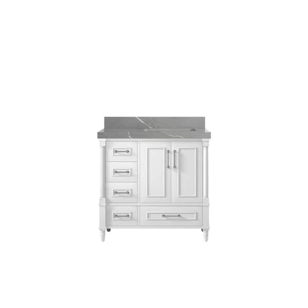 Willow Collections Hudson 36 in. W x 22 in. D x 36 in. H Right Offset Sink Bath Vanity in White with 2 in Piatra Gray Quartz Top
