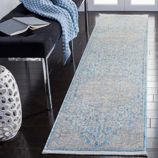 Dream 2 ft. x 8 ft. Blue/Gray Border Distressed Runner Rug