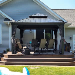 12 ft. x 12 ft. Gray Aluminum Hardtop Gazebo Canopy for Patio Deck Backyard Heavy-Duty with Netting and Curtains