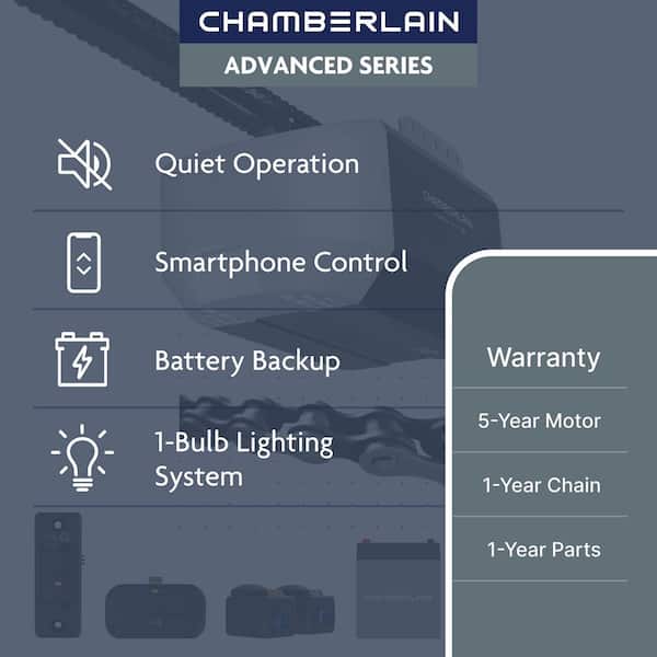 1/2 HP Smart Chain Drive Garage Door Opener with Battery Backup 1 x 1 Button Remotes Doorbell WC