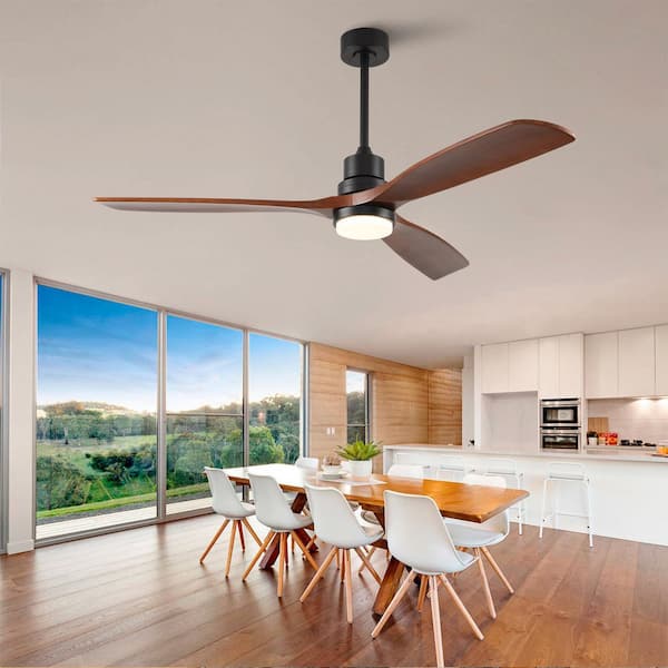 Modern 60 in. Indoor Black 3 Solid Wood Blades Downrod Standard Ceiling Fan with Reversible DC Motor and Remote Included
