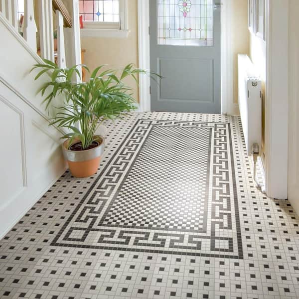 Gotham 1 in. Greek T Border Unglazed Black and White 8 in. x 9 in. Porcelain Floor and Wall Mosaic Tile(4.9 sq.ft./Case)
