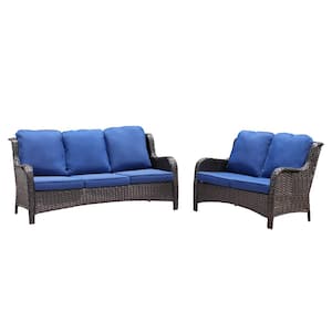 Vincent 2-Piece Wicker Outdoor Patio Conversation Seating Sofa Set with Navy Blue Cushions