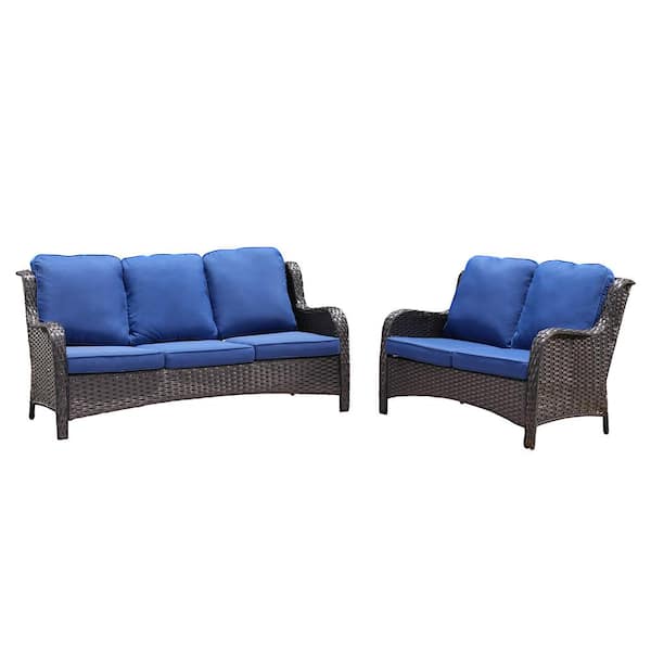 XIZZI Vincent 2-Piece Wicker Outdoor Patio Conversation Seating Sofa Set with Navy Blue Cushions