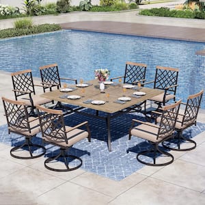 9-Piece Metal Outdoor Dining Set with Square Table and Swivel Chairs with Beige Cushions