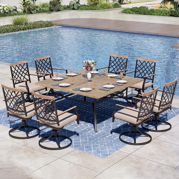 PHI VILLA 9-Piece Metal Outdoor Dining Set with Square Table and Swivel Chairs with Beige Cushions