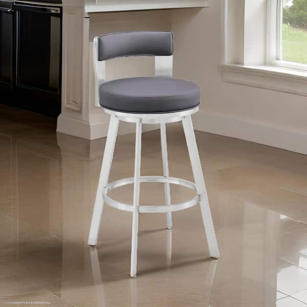 Benjara 30 in. Gray and Silver Low Back Metal Frame Bar Stool with Faux Leather Seat