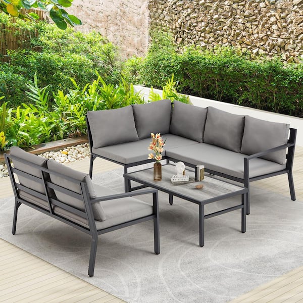 Sudzendf 4-Piece Wicker Outdoor Conversation Patio Furniture Set with Gray Cushions