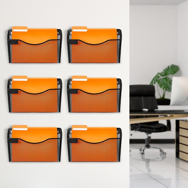 SKYSHALO File Wall Rack, 6-Piece 1 Pocket Mesh Wall File Holder, Wall Mounted Black 13.15 in W x 8.66 in. H Metal