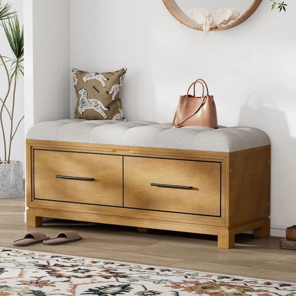 18.1 in. H x 43 in. W Natural Wood Shoe Storage Bench with Removable Cushion