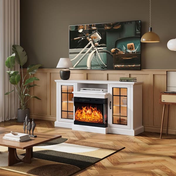 3-Sided Glass 70 in. Freestanding MDF Smart Electric Fireplace TV Stand 80 in. White