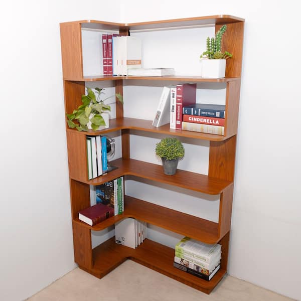 Styx 64.56 in. Tall Dark Oak Wood 5-Tier Freestanding L-Shaped Corner Bookcase For Living Room