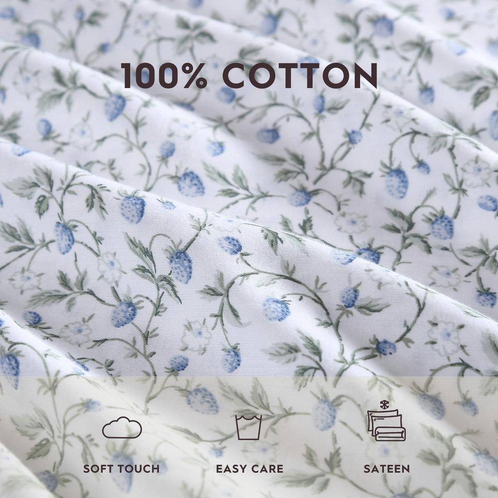 King Blue Cotton Sateen Floral Print Sheet Set