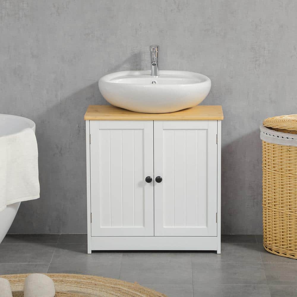 White Double Door Pedestal Sink Cabinet with Adjustable Shelf