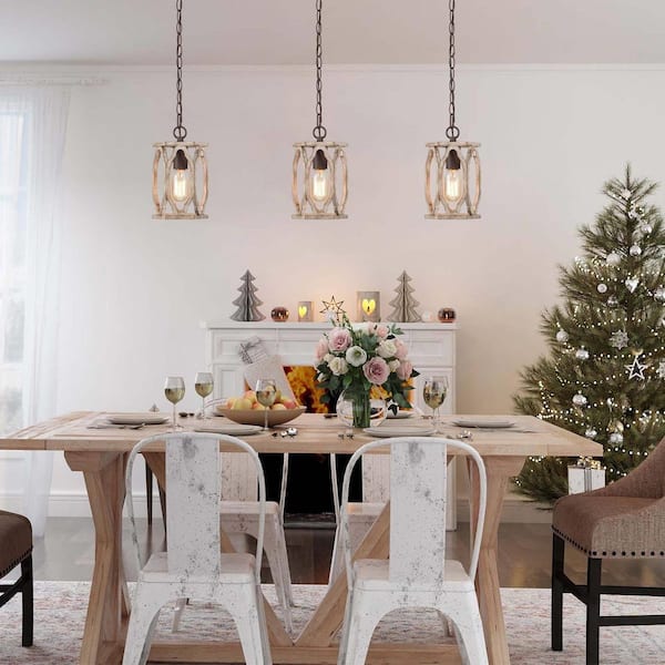 Farmhouse Wood Pendant 6 in. W 1-Light Brown Drum Cage Rustic Island Pendant Light for Kitchen, Living Room, Foyer