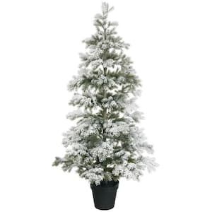 4 ft. 10 in. White Regular Flocked Pine Artificial Unlit Potted Christmas Tree