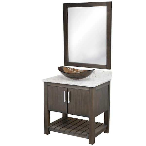 Novatto Ocean Breeze 31 in. W x 22 in. D x 31 in. H One Clear Tea Sink BN Bath Vanity in Cafe w/Cafe Mocha Quartz Top and Mirror