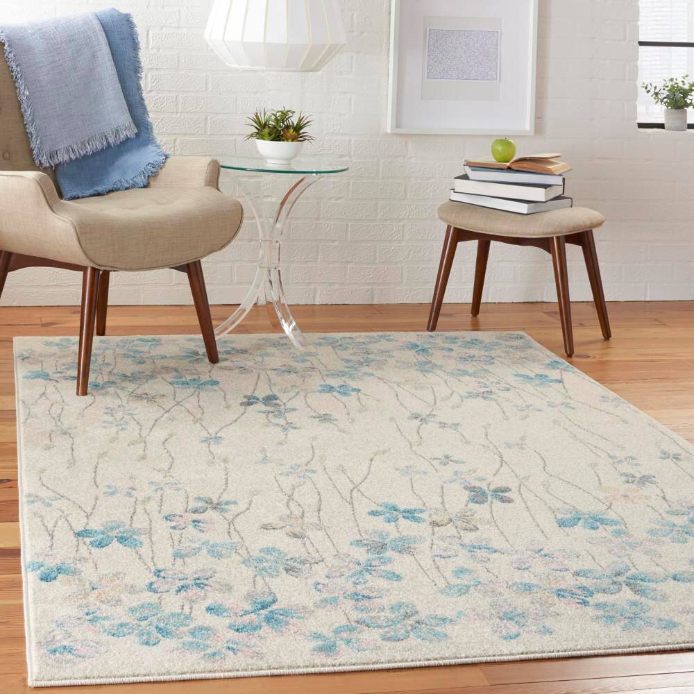 Ivory Floral Bliss Synthetic 5'3" x 7'3" Round Area Rug