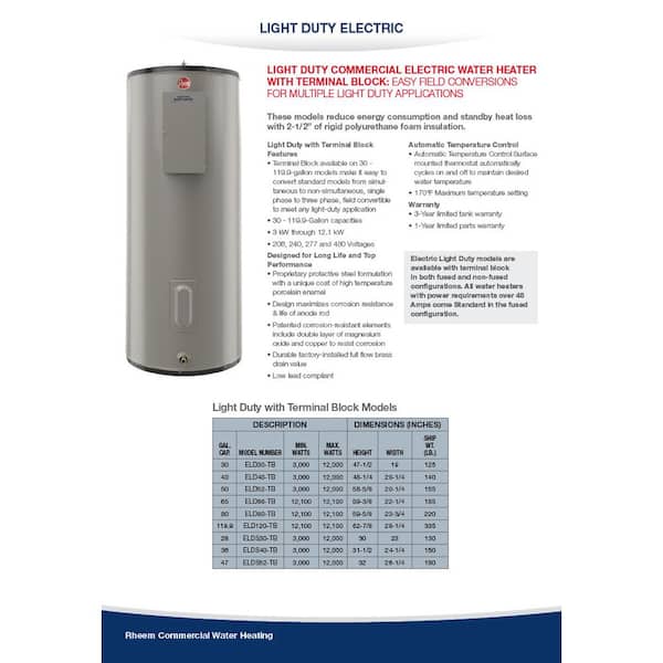 Rheem Commercial Light Duty 50 Gal. 480 Volt 10 kW Multi Phase Field  Convertible Electric Tank Water Heater ELD52-TB 480 Volt 10 kW - The Home  Depot