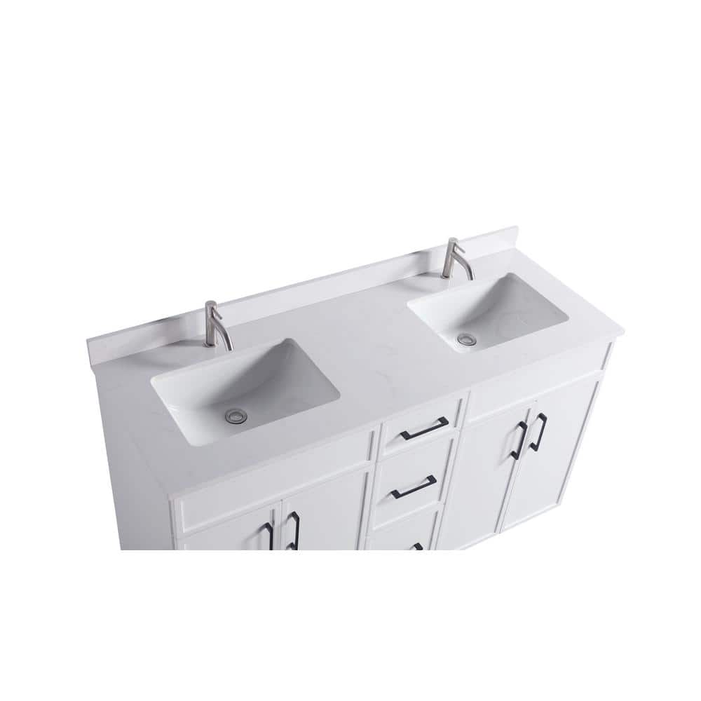 60" White Double Sink Freestanding Bathroom Vanity with Cultured Marble Top