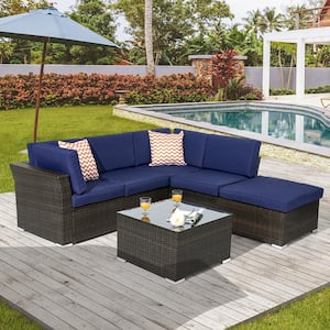 4-Pieces PE Rattan Wicker Outdoor Conversation Sectional Sofa Sets With Tempered Glass Table with Navy Blue Cushions