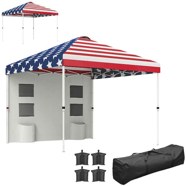 10 ft. x 10 ft. Party Tent w/ Sidewall with Height Adjustable Instant Sun Shelter w/ Storage Pockets, American Flag