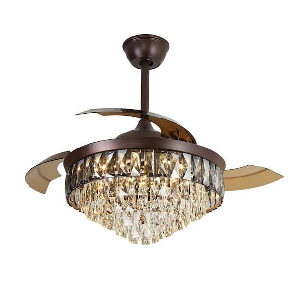 42 in. Indoor Brown Modern Crystal LED Ceiling Fan with Remote and Wall Control, 3 Retractable ABS Blades