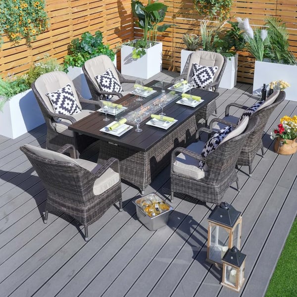 moda furnishings Penny 7-Piece Wicker Patio Conversation Set with Beige Cushions