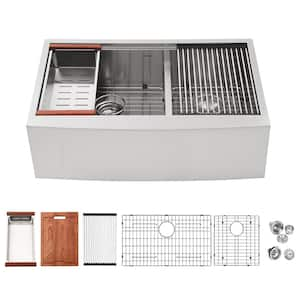 33 in. Farmhouse/Apron-Front Double Bowl 16 Gauge Stainless Steel Workstation Kitchen Sink with All Accessories