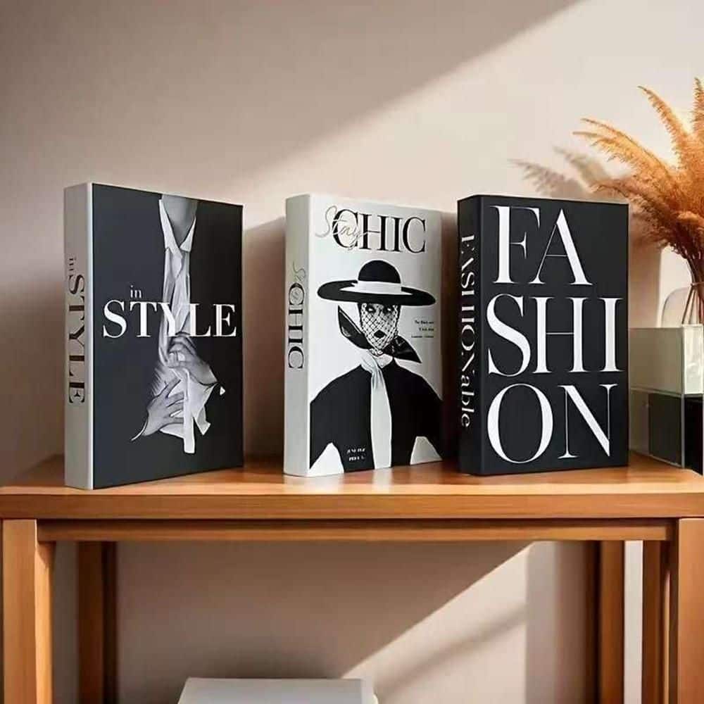 3-Piece Decorative Fashion Book Set, Black White Faux Books, Home