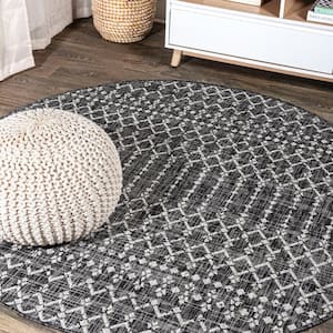 Ourika Black/Gray 5 ft. Moroccan Geometric Textured Weave Round Indoor/Outdoor Area Rug