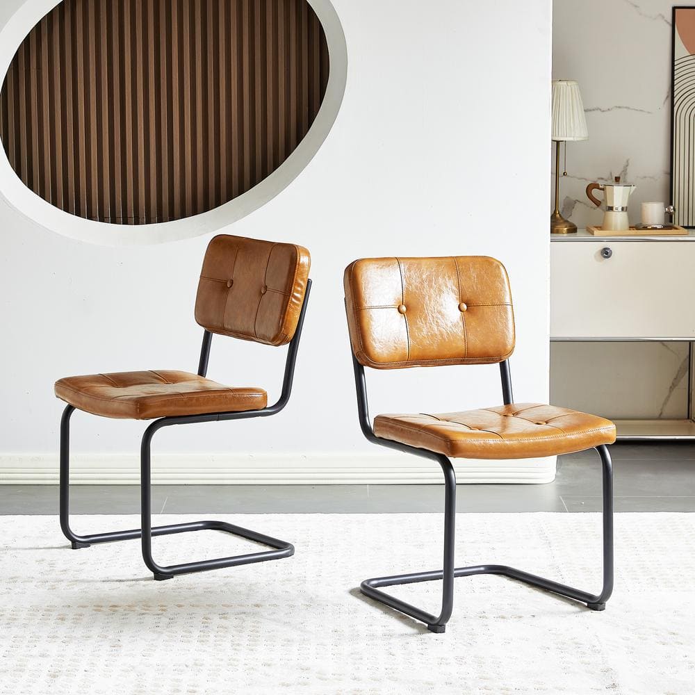 Set of 2-Brown PU Leather Upholstered Armless Dining Chair with Black Metal