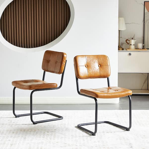 Set of 2-Brown PU Leather Upholstered Armless Dining Chair with Black Metal Legs for Kitchen, Dining Room, Living Room