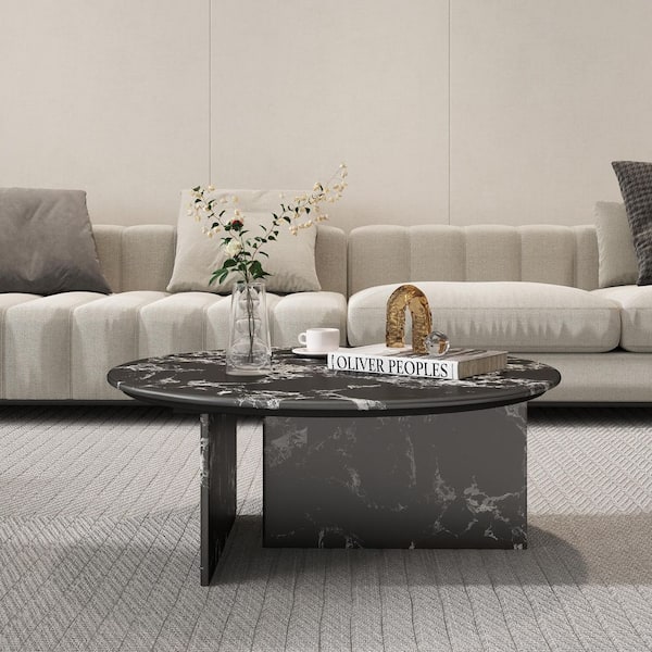 33 in. Black Round Marble Coffee Table with Sturdy Base and Rounded Corners for Living Room