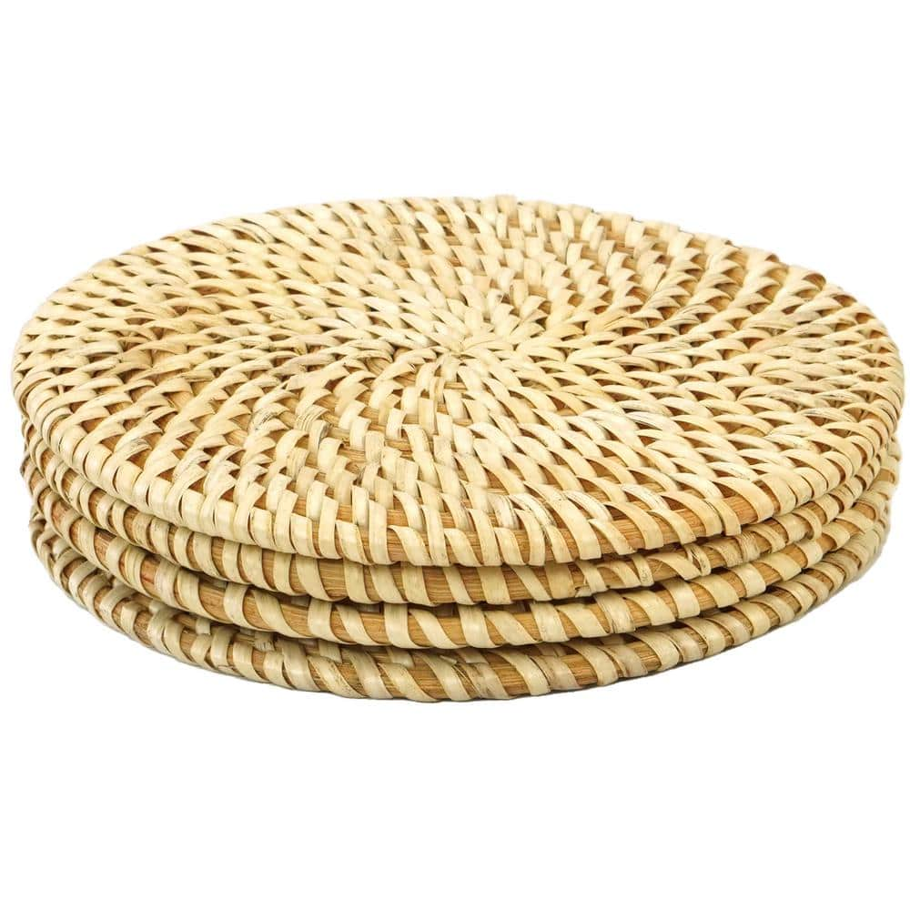 Vintiquewise Set of 4 Decorative Round 5.25 in. Natural Woven Handmade Rattan Placemats