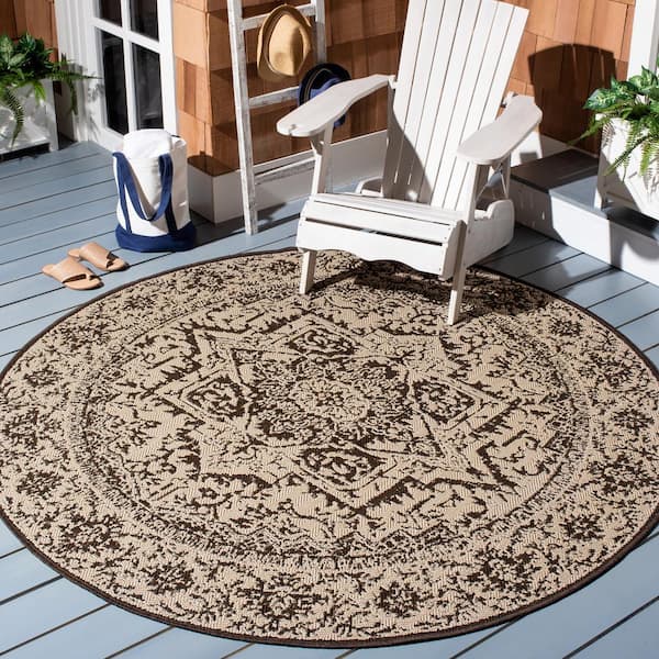Beach House Cream/Brown 7 ft. x 7 ft. Round Oriental Indoor/Outdoor Patio Area Rug