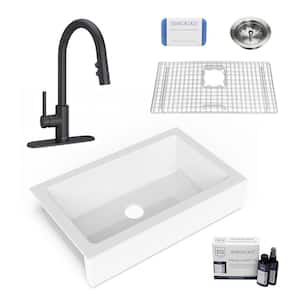 Grace 34 in Quick-Fit Farmhouse Apron Front Undermount Single Bowl Crisp White Fireclay Kitchen Sink with Black Faucet