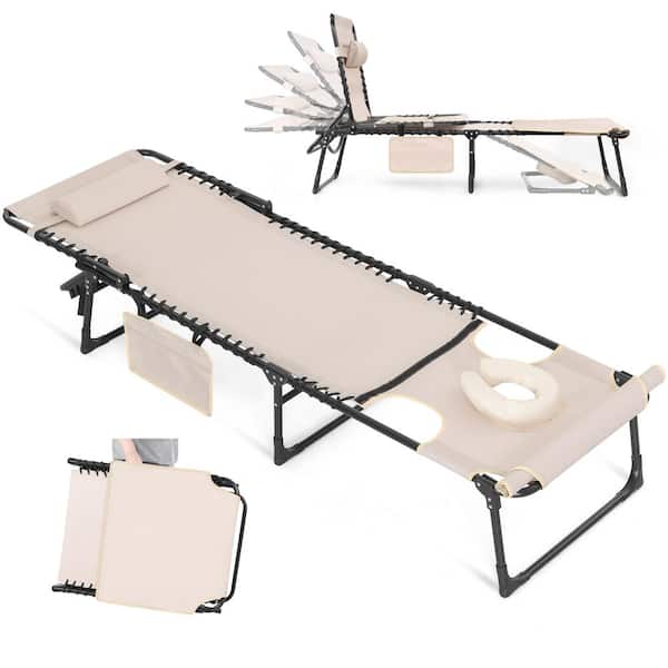 Black Folding Oxford and Steel Metal Outdoor Chaise Lounge Chair in Khaki with 5-Position Adjustable Backrest